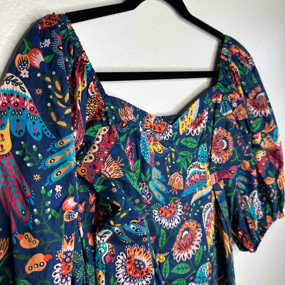 FARM Rio Tropical Birds Blouse NWOT Size XS Navy Blue Puff Sleeve Cotton Top